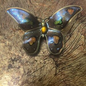 Vintage Bronze Colored and Olive Green Butterfly Brooch